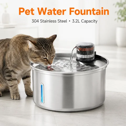 Automatic Cat Water Fountain 304 Stainless Steel 3200ml Pet Drinking Dispenser Quiet 12V Indoor Circulating Fountain Cats Dogs