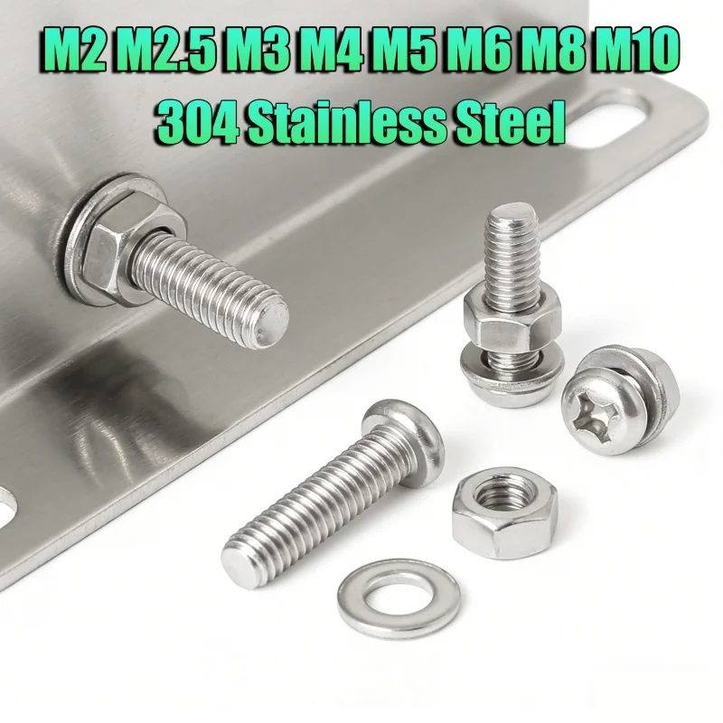Beicai 2-50sets Pan Round Machine Screw With Flat Washers And Nuts M2 M2.5 M3 M4 M5 M6 M8 M10 Stainless Steel Screw And Nuts