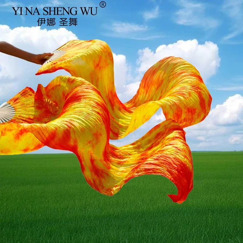 100% الحرير الرقص الشرقي مروحة الحجاب 2 قطعة اللون الأحمر الأصفر خلط مرحلة الأداء الرقص المشجعين النساء الفتيات الملحقات المهنية #4