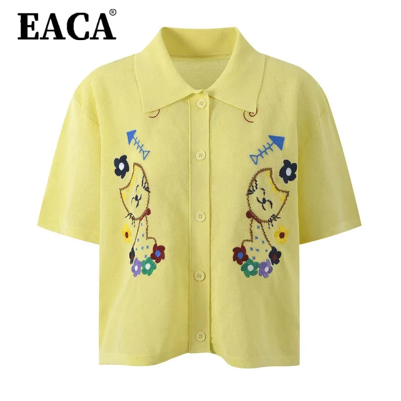 

EACA 2025 Summer Polo Collar Kitten Print Cropped Knit Cardigan Lightweight Open Front Cover Up Y2K Casual Streetwear Breathable
