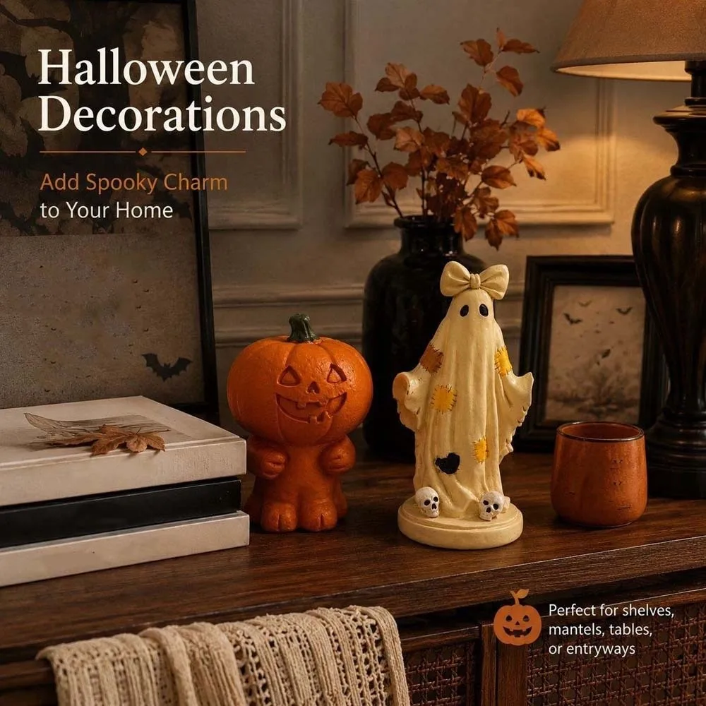 Resin Halloween Figurine Vibrant Orange Patchwork Detail Spooky Statue Art Cute Design Pumpkin Sculpture Home Decorator