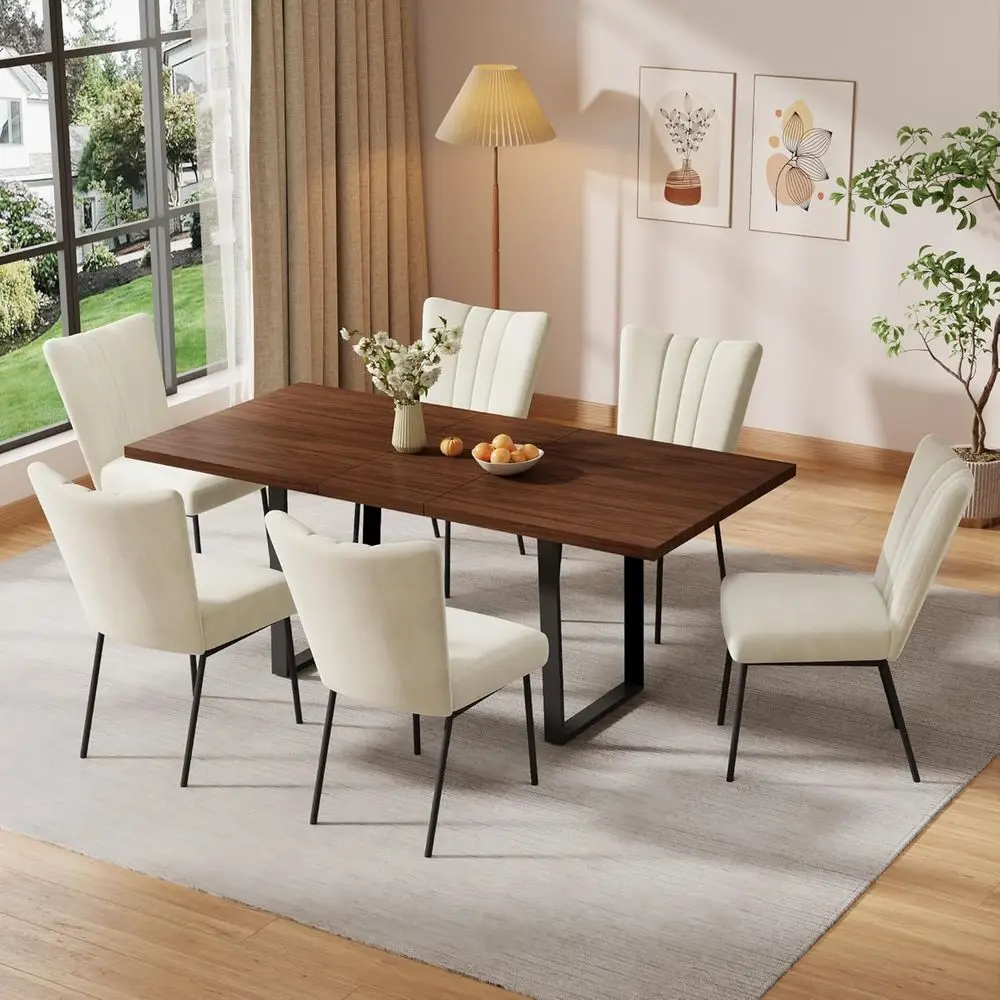 

7-Piece Expandable Dining Set with 6 Velvet Chairs, Walnut Finish, Ideal for Home or Restaurant