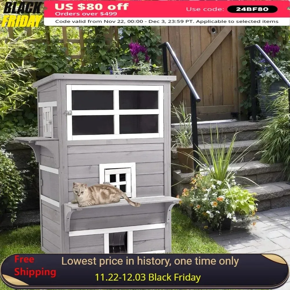 Triplex Cat House, Outdoor Kitten Condo with Raised Floor,weatherproof, Asphalt Roof,escape Door,jumping Platform,cat Enclosure