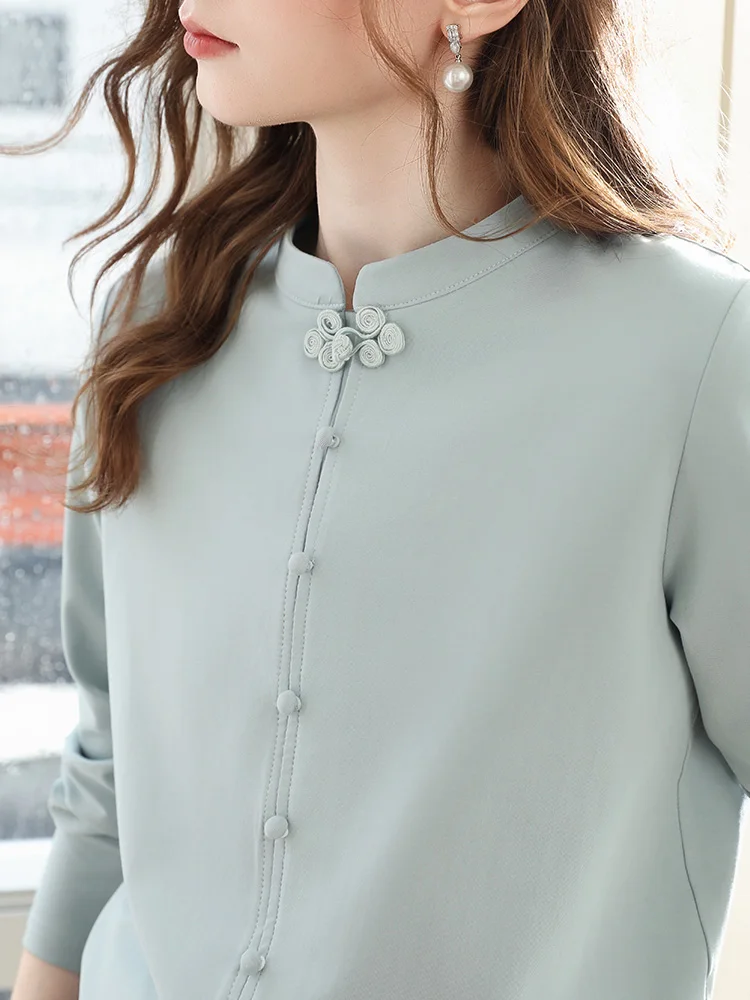 I BELIEVE YOU Chinese Long Sleeved T-shirt Top for Women Autumn 2025 Stand Collar Buckle Temperament Tees Office Lady 2253016123