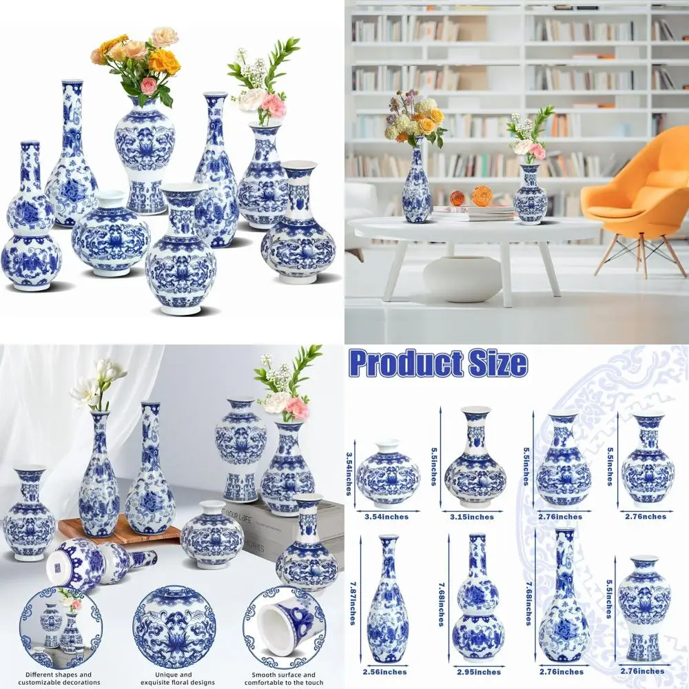 

Elegant Blue and White Chinoiserie Vases Set of 8 for Home Decor and Living Room Centerpieces