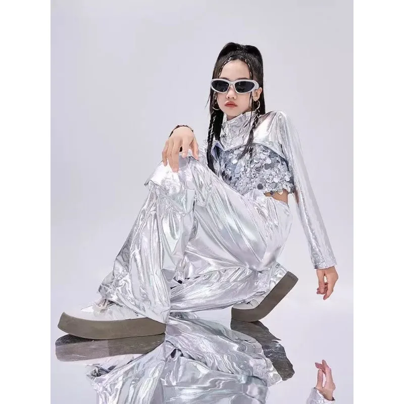 Ubrania do tańca hip-hopowego odblaskowy strój Rave zestawy dziewczęce stroje do tańca jazzowego festiwal krótkie bluzki spodnie Cargo wybieg kostium pokazowy