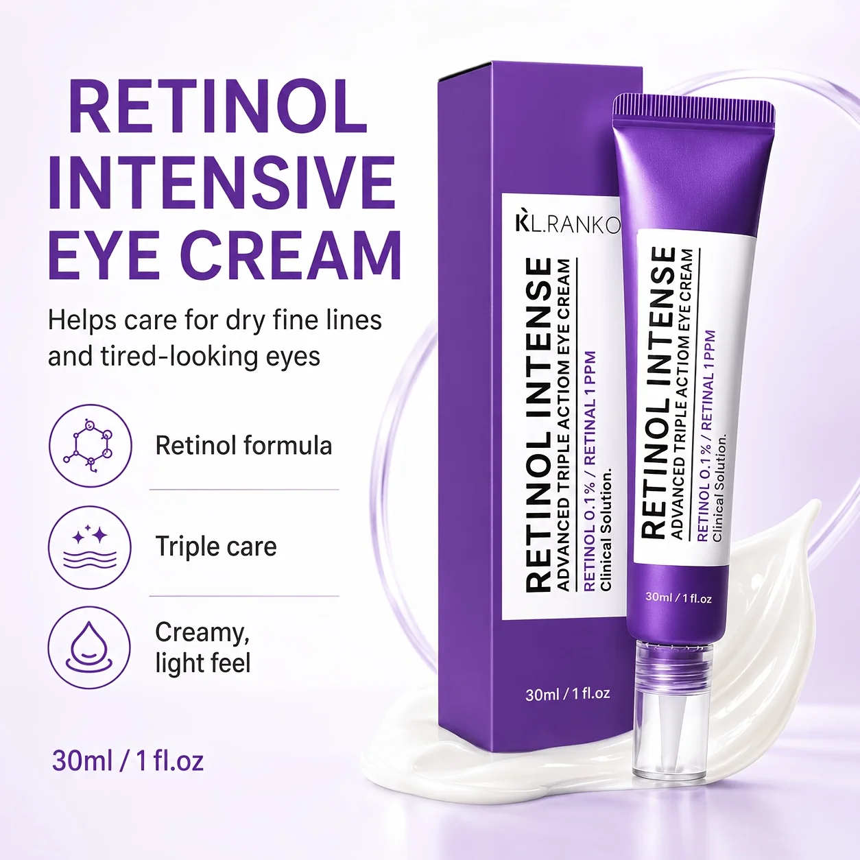 Retinol Intense Advanced Triple Action Eye Cream 30ml - With Retinol, Glutathione, Firming & Lifting Eye Cream with Moisturizing Benefits, Anti-Aging Skincare