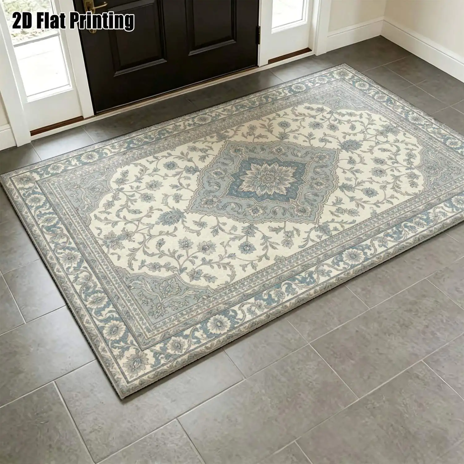 1Pc 2D Printed Retro Blue-Grey Scrolling Floral Carpet, European Minimalist Home Decor, Multi-Size Machine Washable, for Entryway, Dining Room, Foyer, Study, Living Room, Bedroom