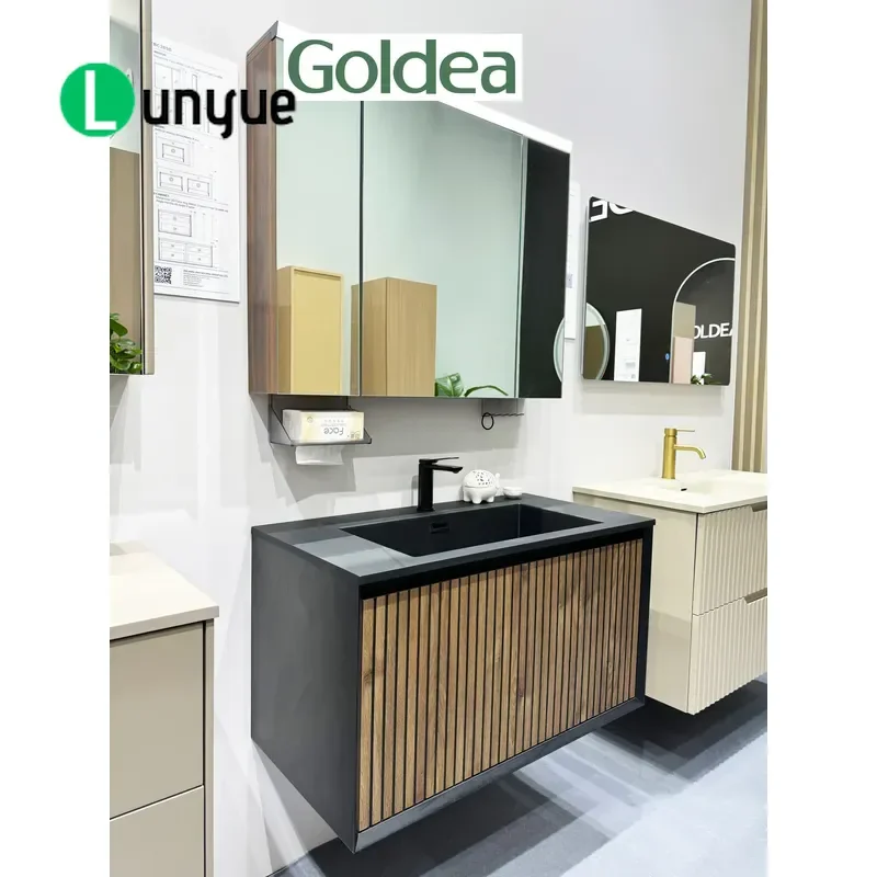 Modern Wood Colored Wall Mounted Bathroom Vanity Waterproof Sanitary Dresser with Basin and Mirror for Apartment Home Decor