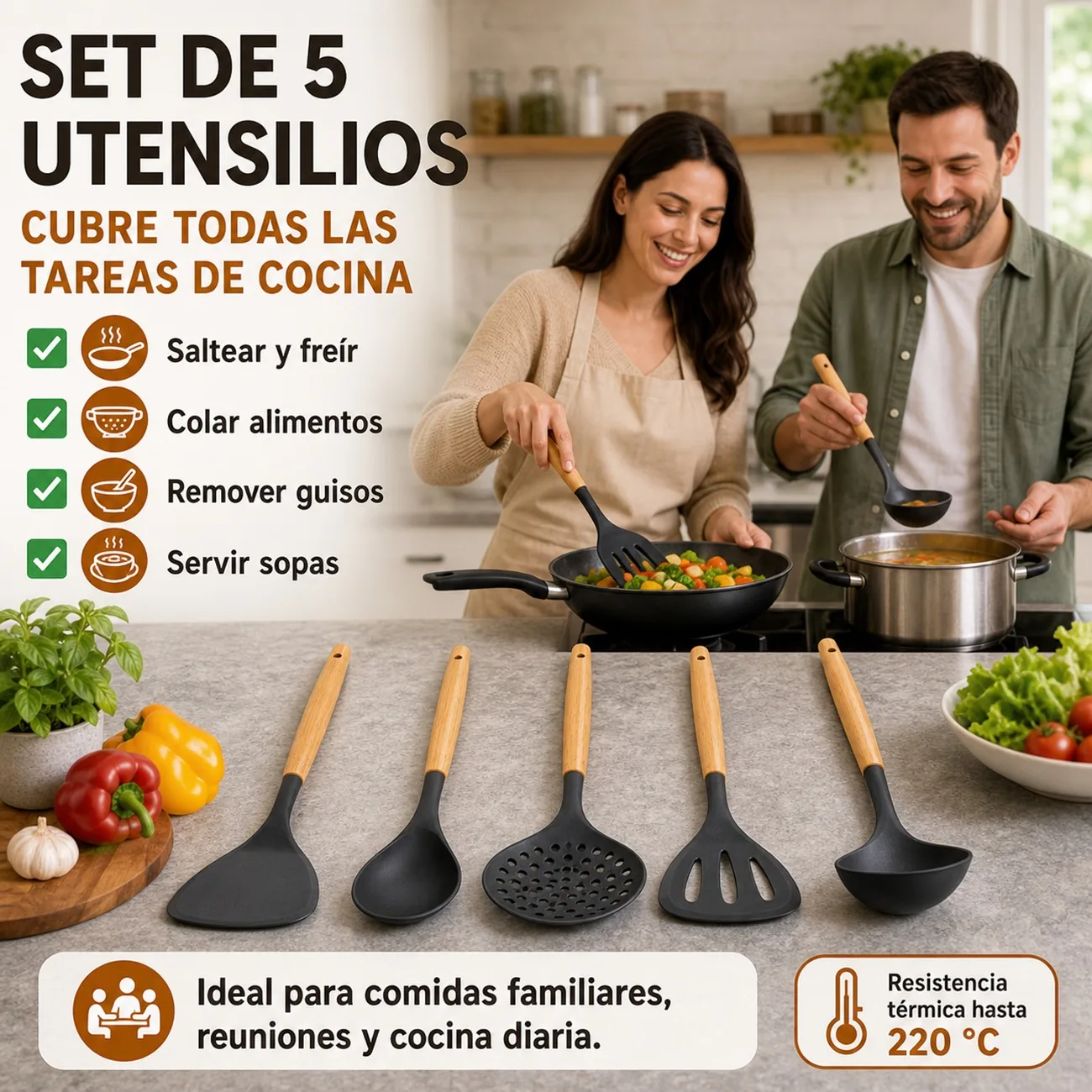 Ensemble de 5 ustensiles de cuisine en PBT et bambou naturel, résistants à la chaleur 220 ° Ensemble de cuillères et spatules C pour casseroles antiadhésives, longueur 32,5 cm, design ergonomique noir