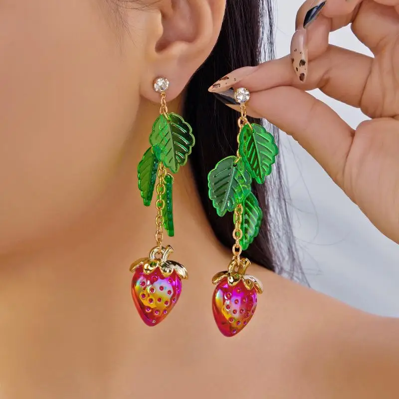 Trendy Red Strawberry Drop Earrings for Women Lovely Green Leaf Accent  for Casual and Holiday Wear
