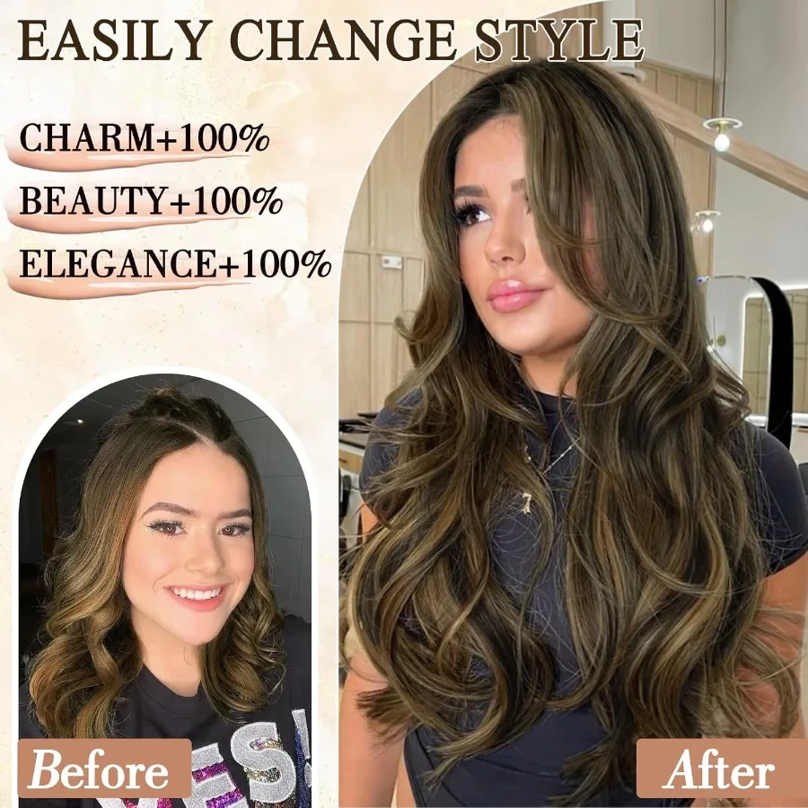 وصلات شعر متموجة مستقيمة للنساء 4 قطع من قطع الشعر الاصطناعية للاستخدام اليومي لون بني بطول 20 بوصة مثالية لـ Eve