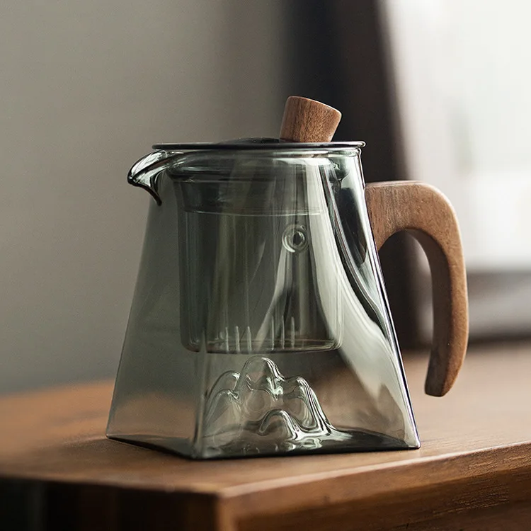 3D Mountains Glass Teapot with Tea Infuser Heat Resistant Glass Tea Pot Clear Kettle Wooden Handle Chinese Kung Fu Tea Sets