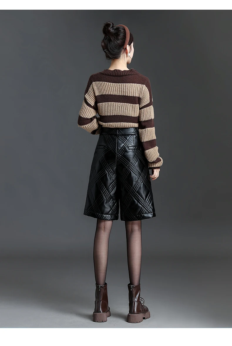 ZUZK Black PU Leather Thick Bermuda Shorts For Women Winter Warm Long Shorts Motorcycle Punk High Waist Bermuda Femme