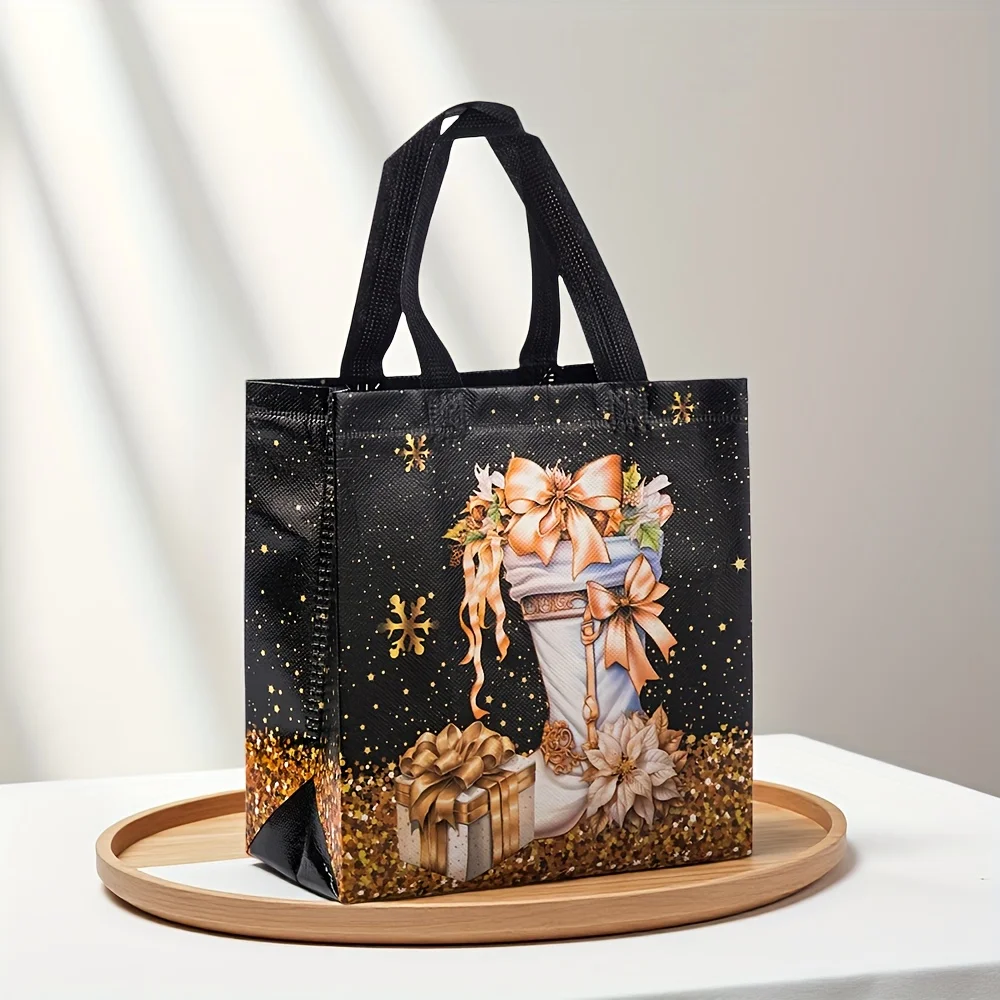 12/20 Stück festliche Weihnachtsgeschenktüten – Schneemann-, Baum- und Strumpfdesign, schwarz und golden mit Griffen, Weihnachtsgeschenktüten – Detail 6