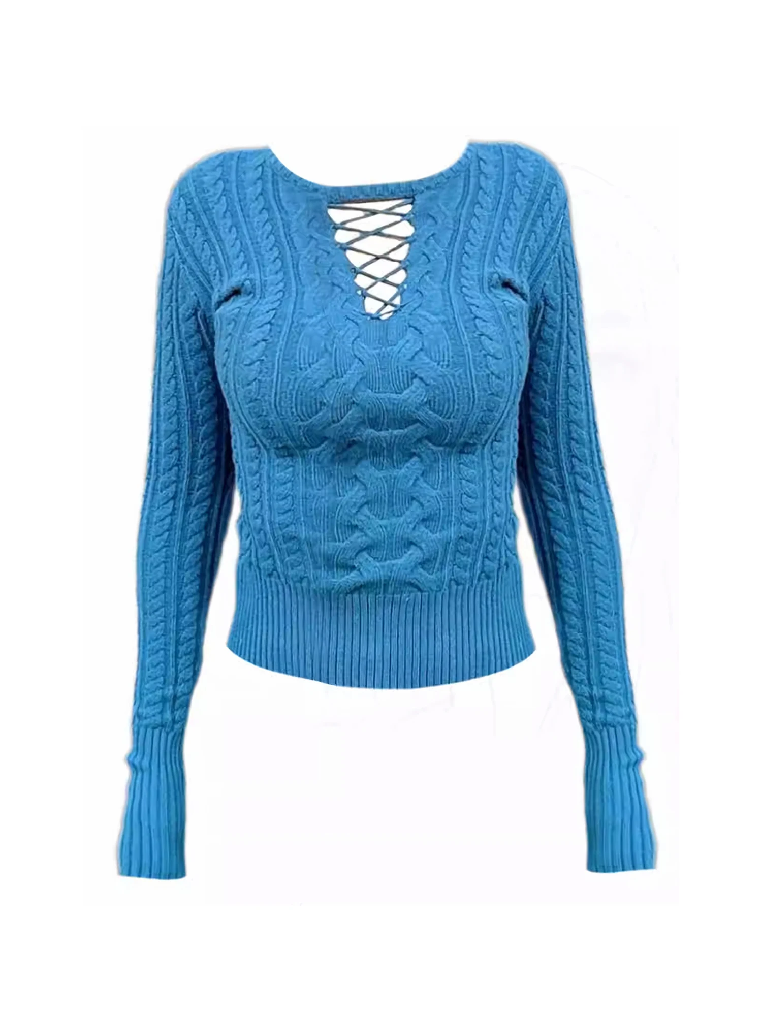

Women Blue O-Neck Knitwear Hollow Sweater Harajuku Vintage 2000s Korean Style Long Sleeve Soft Cozy Cashmere Sweater Autumn 2025