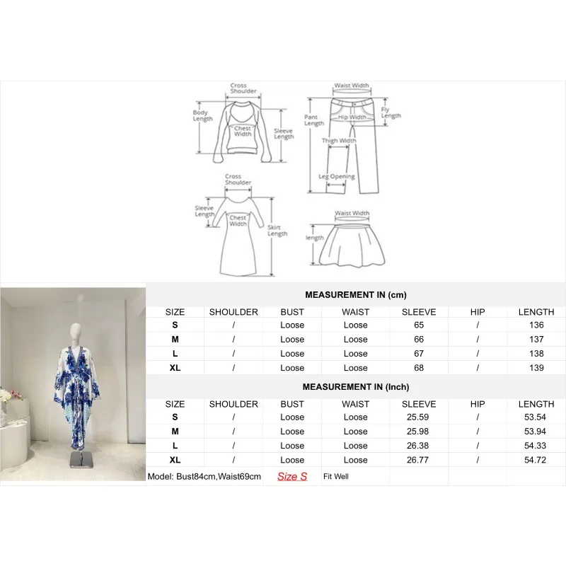 Sukienka midi z długim rękawem w kwiatowy wzór, luźny krój, wysoka jakość, jedwab, niebieska róża, styl 2025