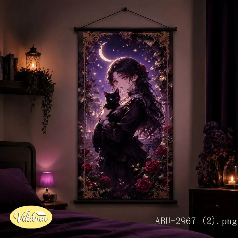 VIKAMA Gothic Anime Girl Black Cat Tapestry Purple Moon Rose Victorian Art Wall Hanging for Bedroom Aesthetic Home Decor