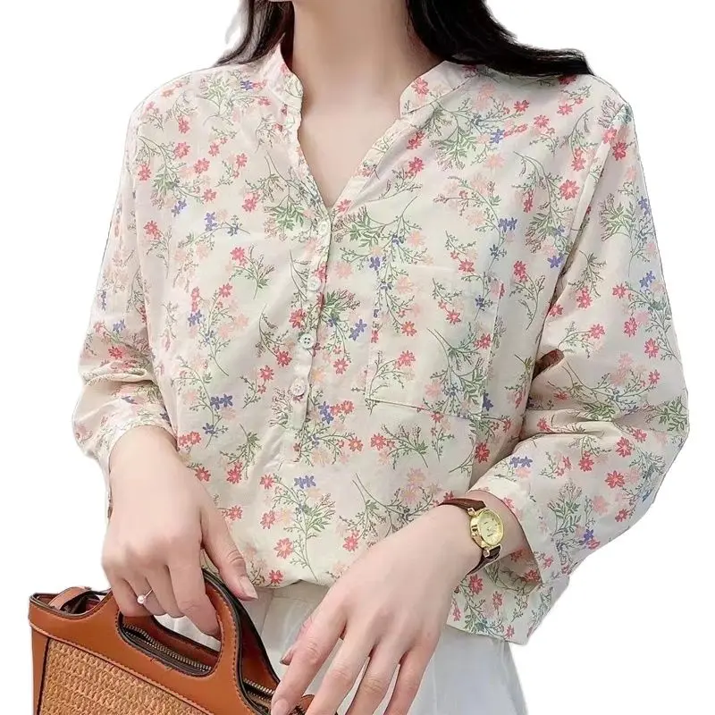 Camisa feminina estampada com flores, algodão, gola V, manga comprida, tops retrô soltos, blusa de literatura feminina, primavera, outono, novo, T44509QC, 2024