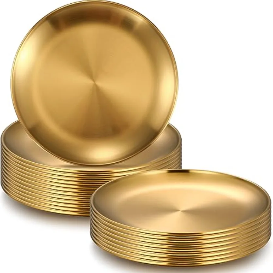 

20 шт. золотые тарелки из нержавеющей стали 304, 8-дюймовый сервировочный поднос, металлическое блюдо, многоразовые тарелки, которые можно мыть в посудомоечной машине, круглый ужин Di