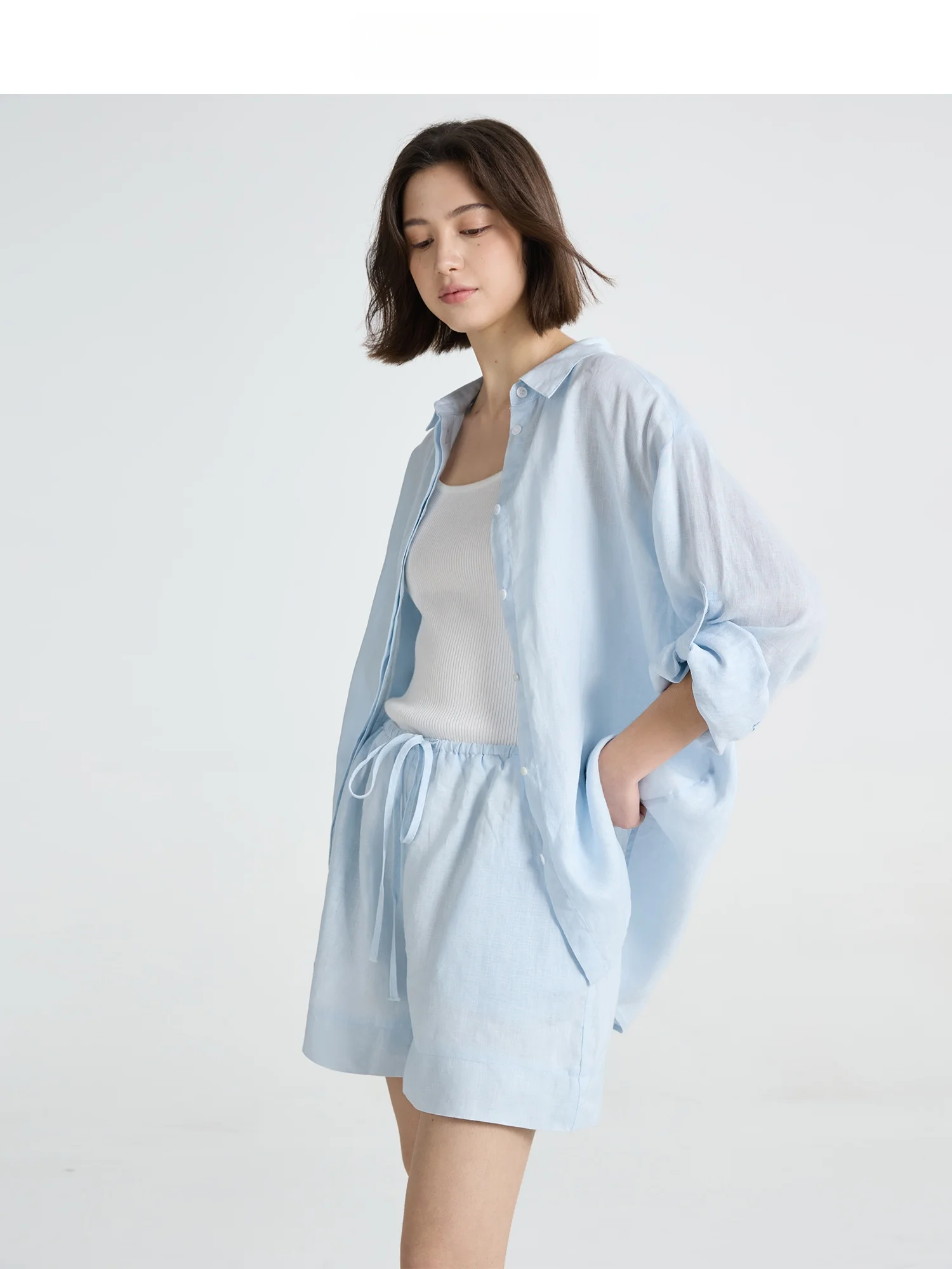

JINNAN 100% Linen Comfortable Shirt Minimalist Style Refreshing Short Set Women's Loose Fit Long Sleeve Moisture Wicking Shirt