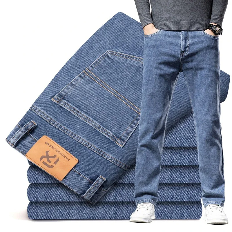 

Spring Autumn Men's Blue Straight Loose Jeans Business Casual Cotton Stretch Denim Pants Male Brand Plus Size 40 42 44