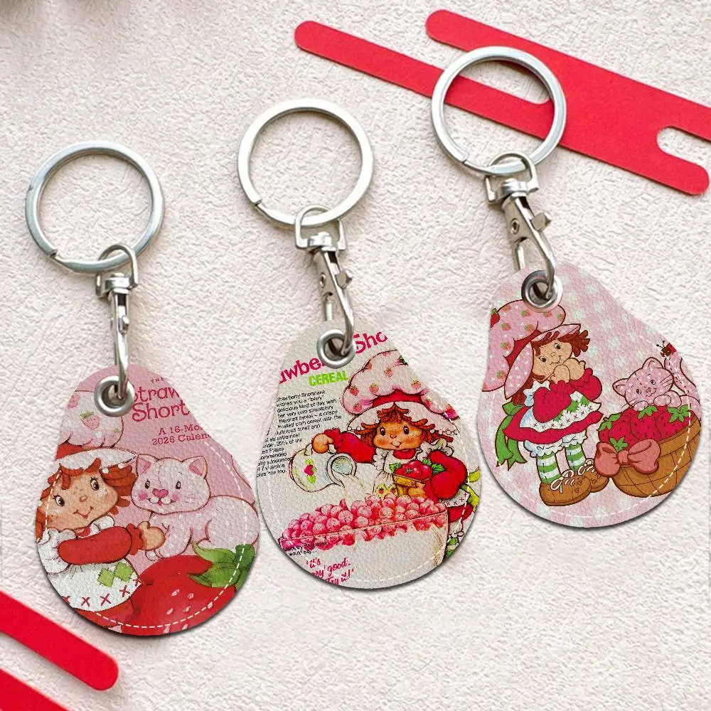 Cartoon Strawberry Shortcake Keychain Access Card Bag Key Tag Ring Leather Card Holder Keychain Key Ring Door Lock Access Tags