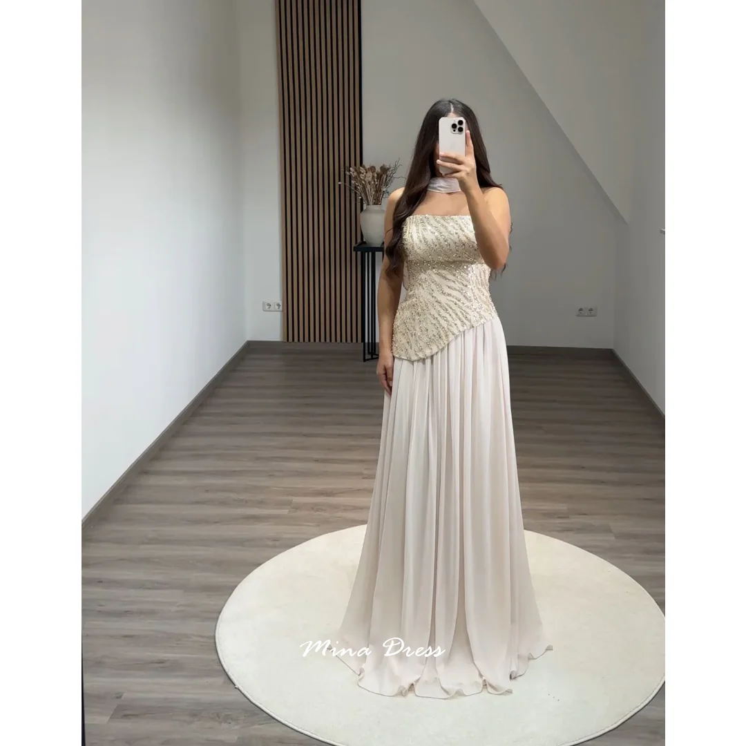 Mina Maßgeschneidertes lila arabisches Abendkleid Luxus elegante Partykleider Frau Schal Tube Top formelle Anlässe Kleider Perlen Abschlussball