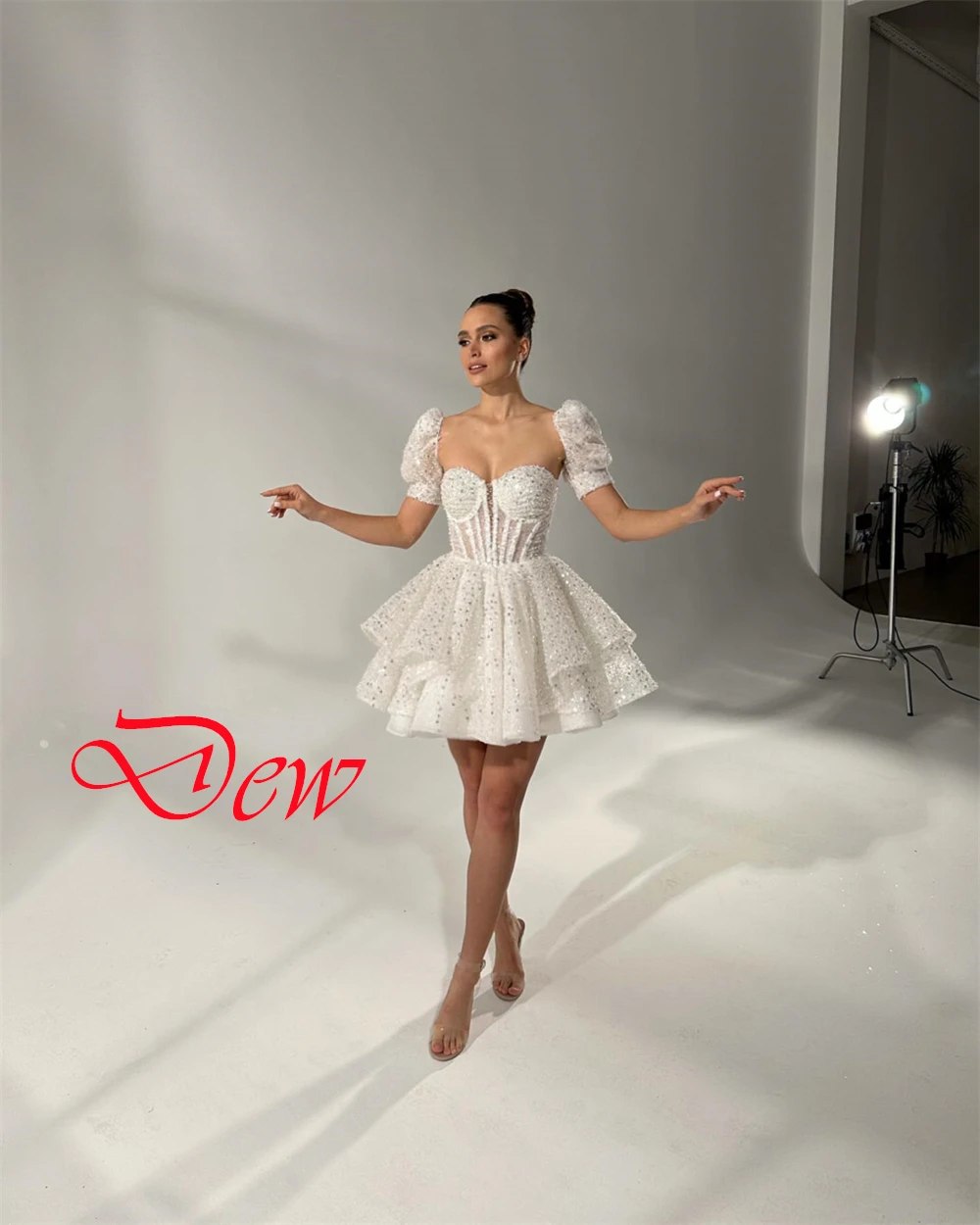 Vestido de novia elegante personalizado con lentejuelas de Organza blanca, exquisitos vestidos de novia de manga corta sin tirantes y manga desmontable