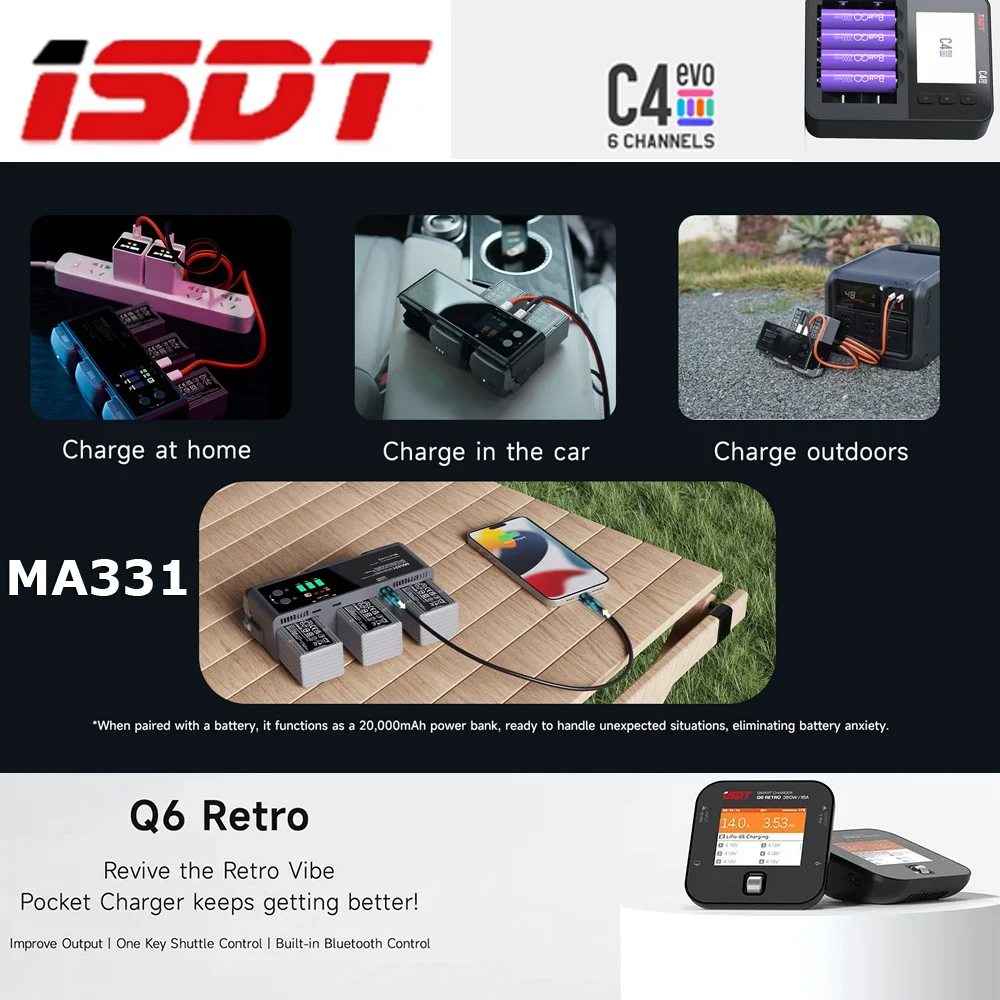 

ISDT MA331 200W (Dual 100W) Q6 Retro 350W 16A 2-6S C4 EVO AA AAA Smart Battery Charger Fast Charging for DJI Air3 RC FPV Drone