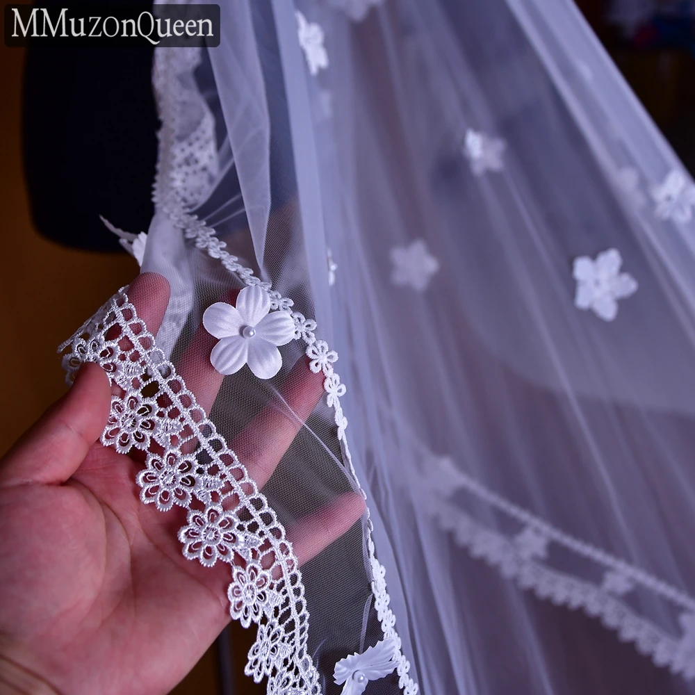 MZA46-Long Voile de Mariage avec Bordure en Dentelle, Fleur en Dentelle 3D, Accessoire de Luxe pour Mariée, 3 Mètres, 2023