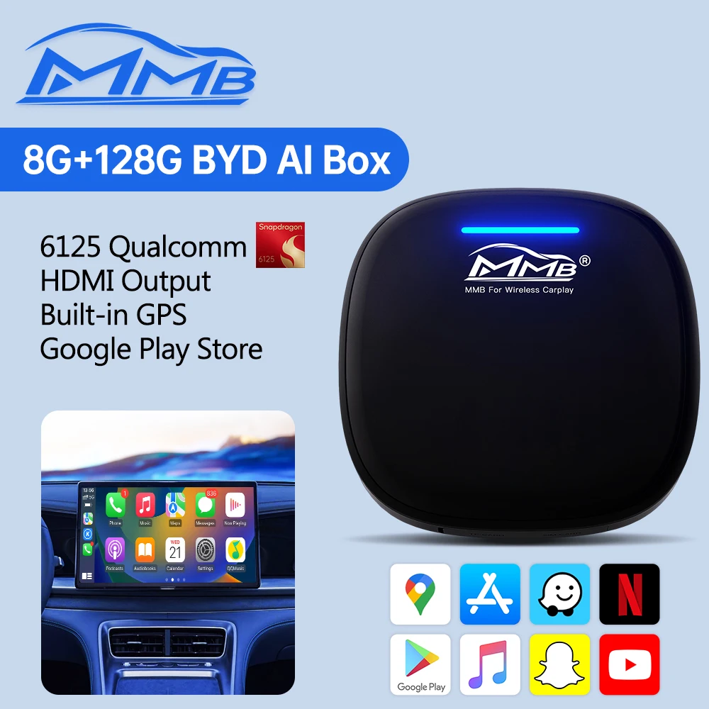 

2025 New MMB Wireless CarPlay AI Box Android Auto Android13 QCM6125 8-Cores Bluetooth 5.2 Auto Connection GPS Navigator for BYD