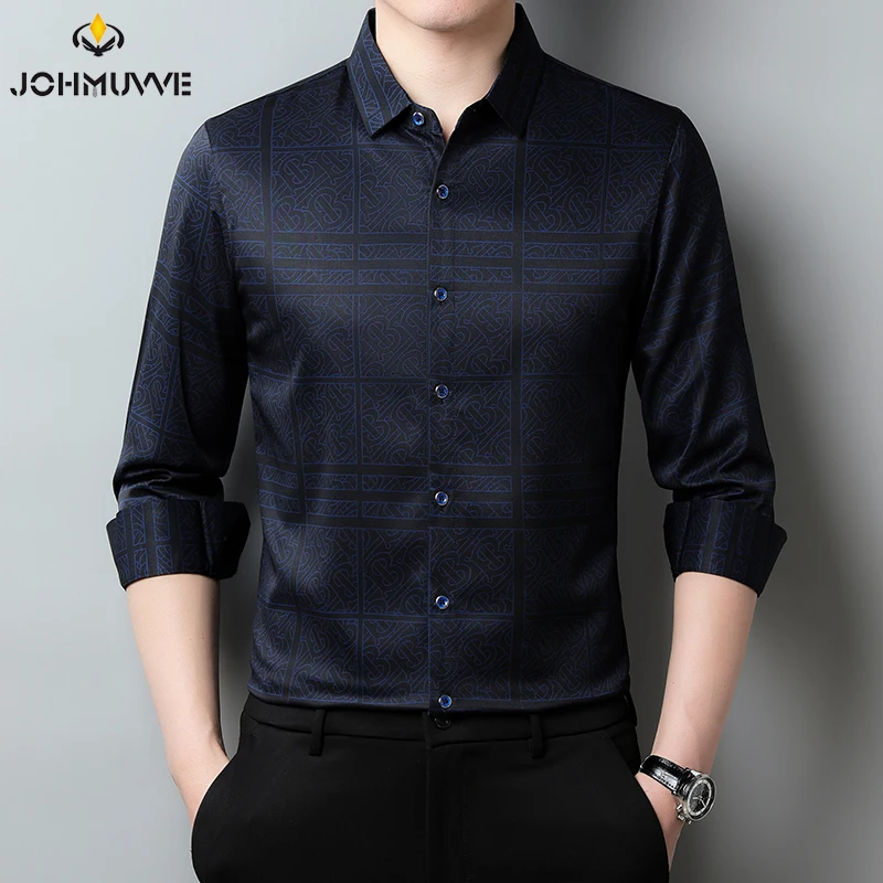 New Men's Casual Printed Long Sleeved Lapel Shirt for Spring and Autumn Fashion Comfortable Wrinkle Free Top Without Ironing