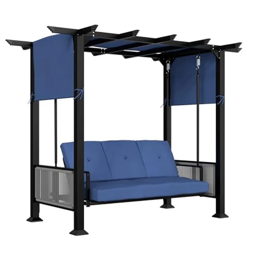 

3-Seat Porch Swing Outdoor Metal Pergola Swing Bed Hanging Cloud Swing Chair with Adjustable Curtains Patio Hammock Swinging wi