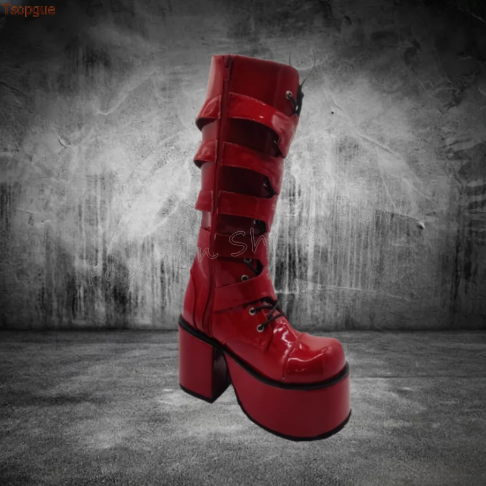 สีแดงซิปด้านข้างหัวเข็มขัดตกแต่งรองเท้ารอบ Toe Chunky รองเท้าส้นสูงรองเท้าส้นสูงรองเท้าผู้หญิงเซ็กซี่รองเท้าส้นสูง 2025 ใหม่ Zapatos Para Mujere