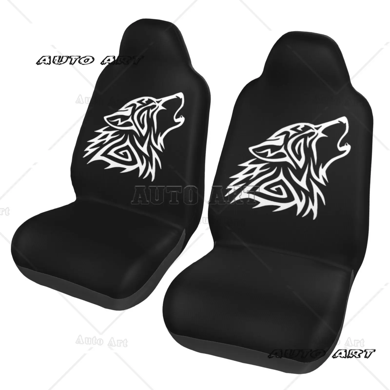 Animal Wolf Head Print Pattern Car Seat Cover Anti Fouling Convenient Protective Cover 2-piece Seat Protective Cover
