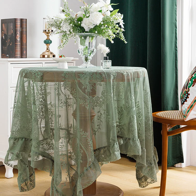 

Europe Elegant Green Lace Rectangle Tablecloth With Flower, For Wedding Birthday Party Bedroom Coffee Home Table Decoration