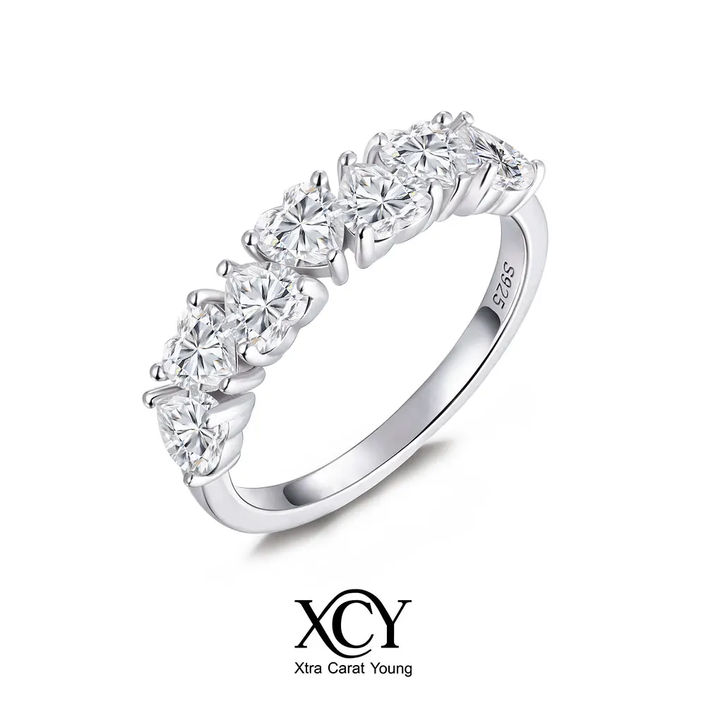 

XCY Heart Cut Moissanite Half Eternity Band Ring 925 Sterling Silver Stackable Wedding Promise Band Wedding Anniversary Jewelry