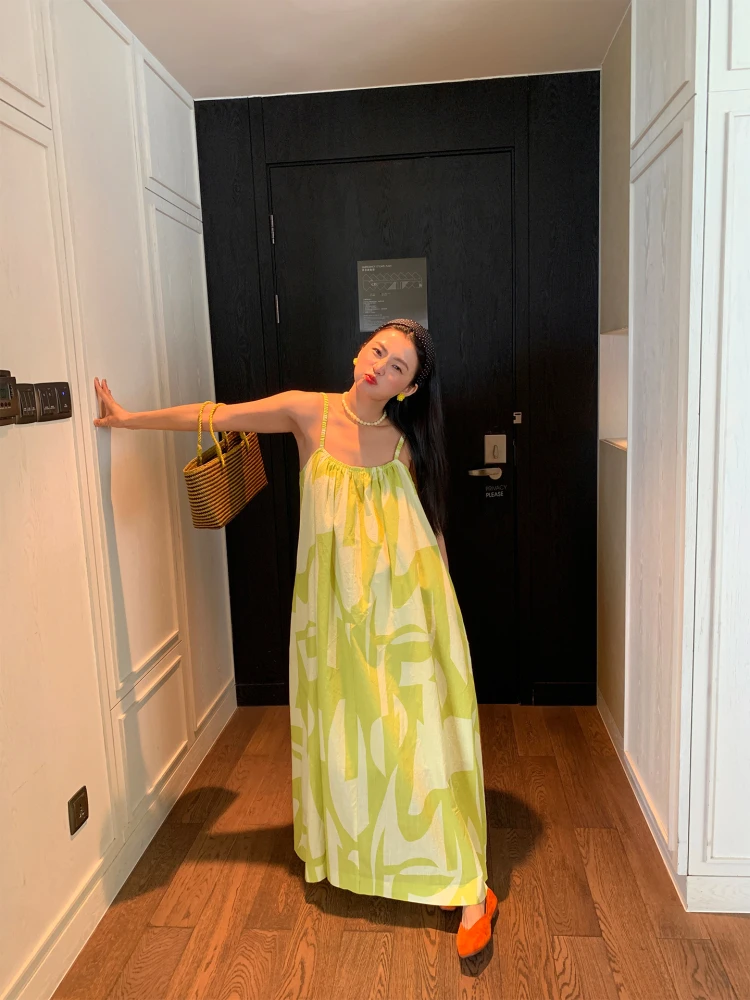 

Summer Cotton Print Loose Strapless Dress Women's Casual Style A-Line Skirt Thin Fabric No Sleeve Comfortable Fit Maxi Dress