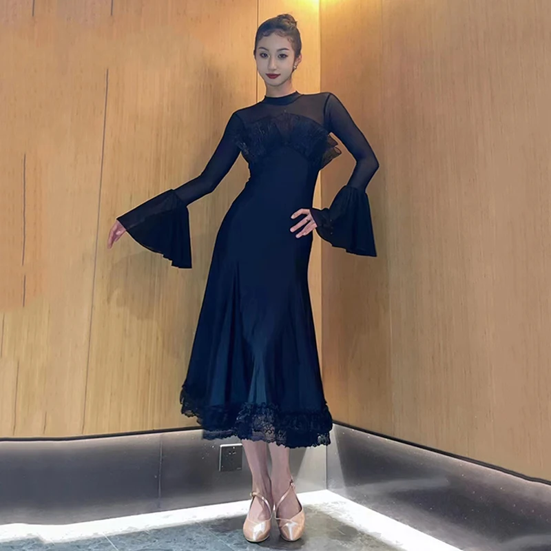 Ballroom Dance Dress Women Black Lace Flared Sleeves Performance Costume Waltz Dance Practice Clothing Competition Dress BL14010