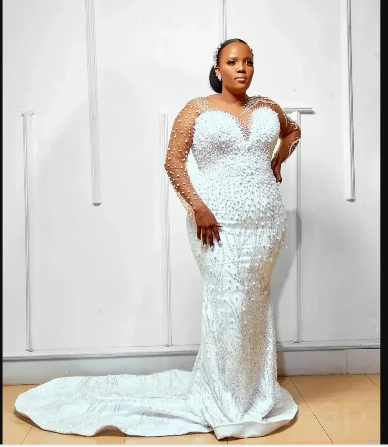 Customized  Sparkly Pearls Beads Wedding Dress with Removable Skirt  Vestidos De Novia Plus Size  Long Sleeves  Bridal Gowns