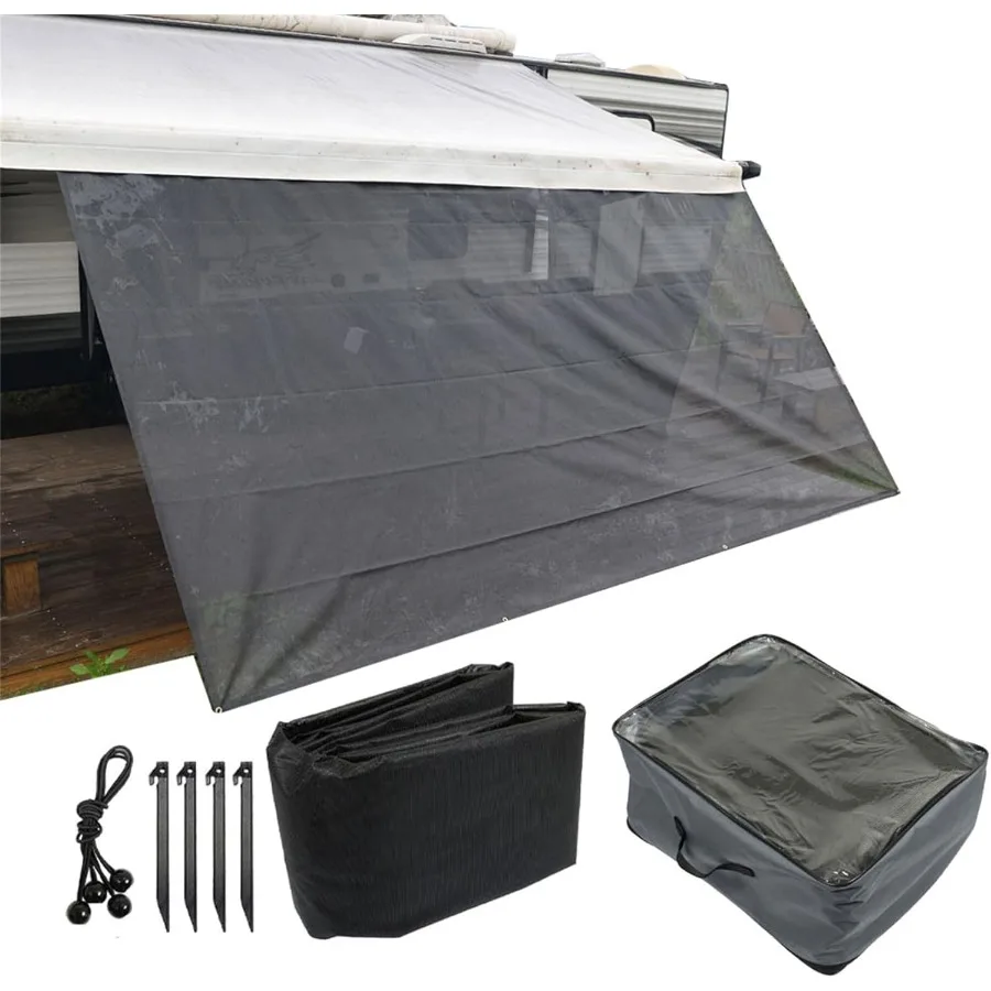 

9FT x 17FT RV Front Awning Complete Kit with 3-Inch Black Grid UV Blocking Sun Screen Enhances Shade Protection and Privacy for