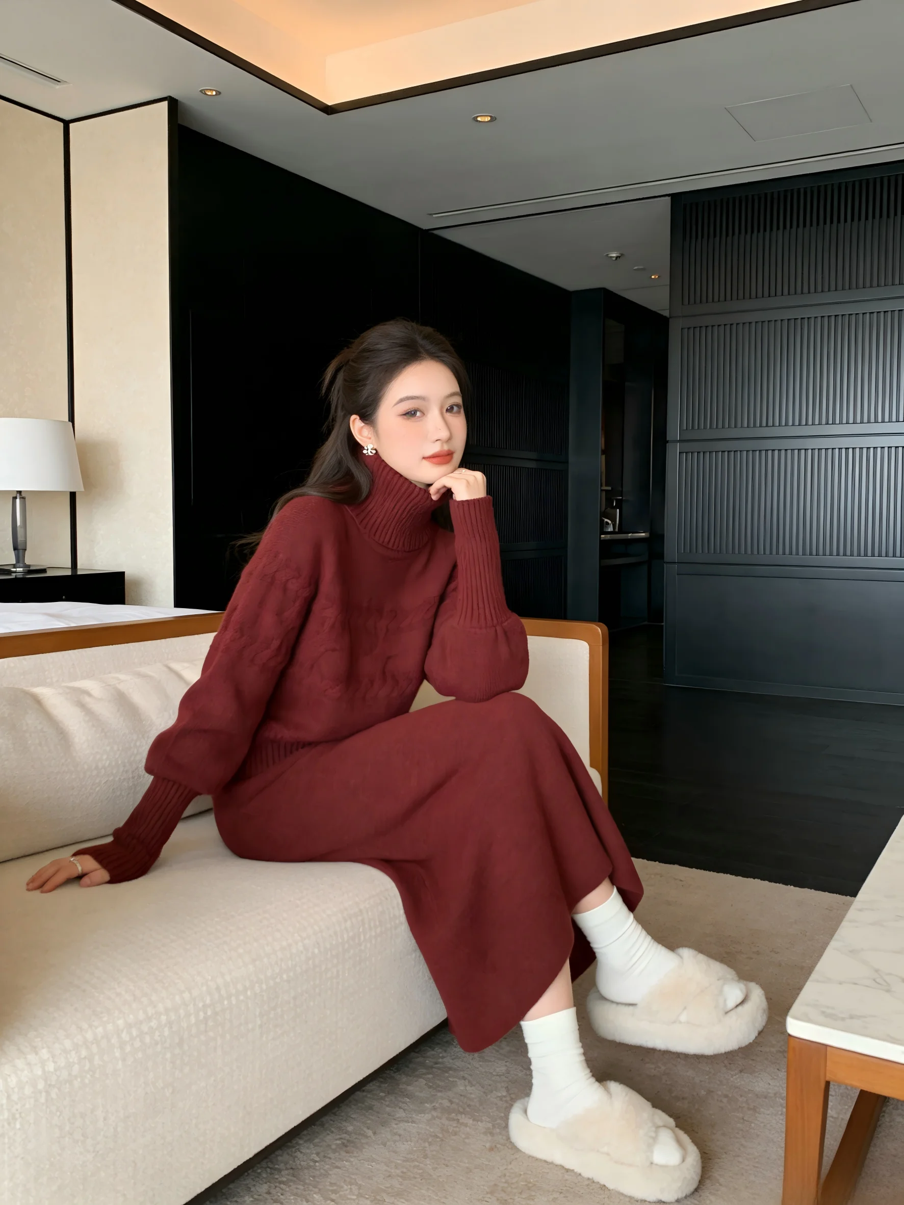 

Корейский винтажный комплект из двух предметов: свитер с высоким воротником и юбка, вязаный узорчатый трикотаж, повседневный модный наряд для свиданий