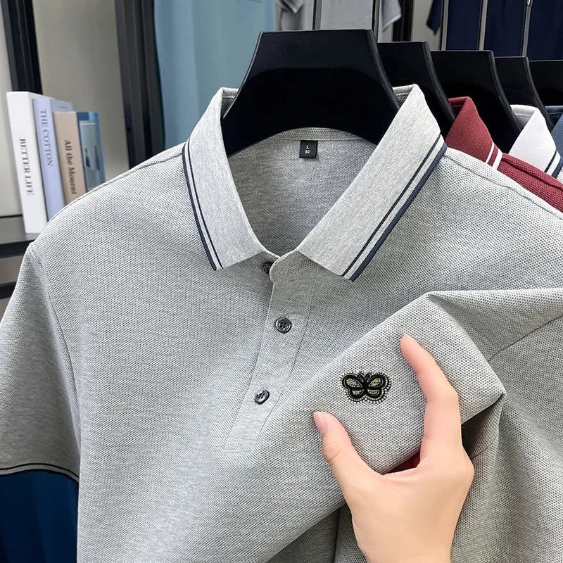 100%cotton summer new trendy polo shirt butterfly pattern gentleman top busines elite commute short sleeve comfort simple Tshirt
