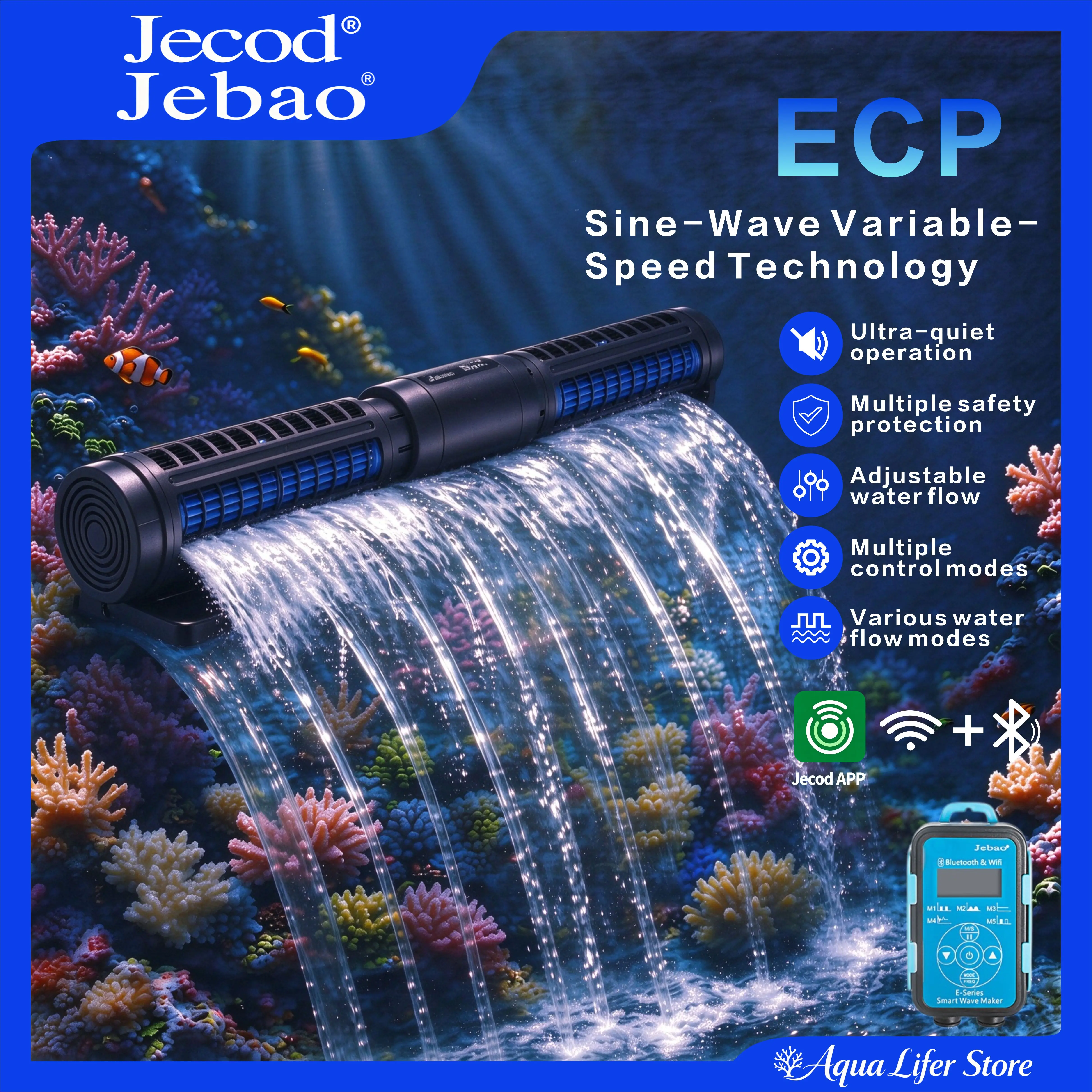 Jebao Jecod ECP/M Series Aquarium Cross Flow Wave Maker, WiFi APP Control Circulation Pump for Freshwater & Saltwater Fish Tank