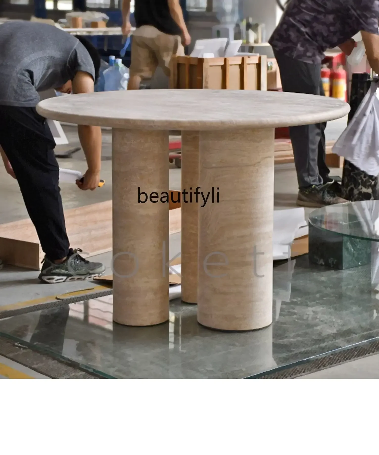 Nordic simple wabi sand travertine dining table designer small apartment natural marble, round table