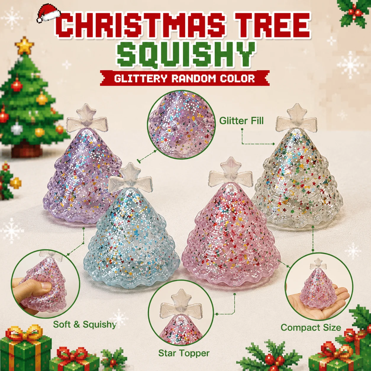Soft Christmas Tree Squishy, Glitter TPR Stress Relief Fidget Toy, Colorful Collectible Party Favor for Halloween Xmas Gift