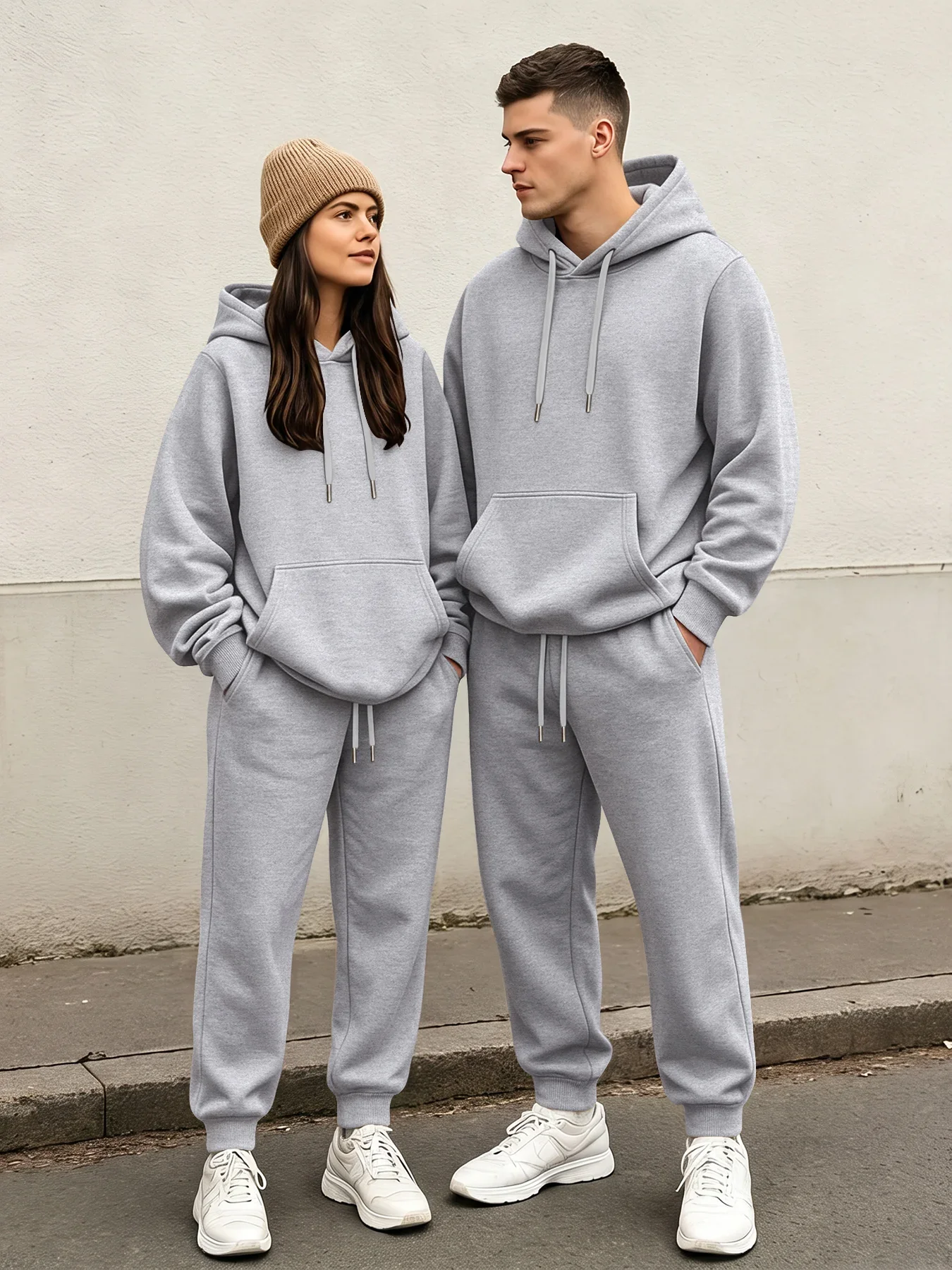 2026NEWSpring‑Fall Couple Hoodie Set, Unisex Solid‑Color Pullover Two‑Piece Outfit, Loose Casual Sports Sweatpants