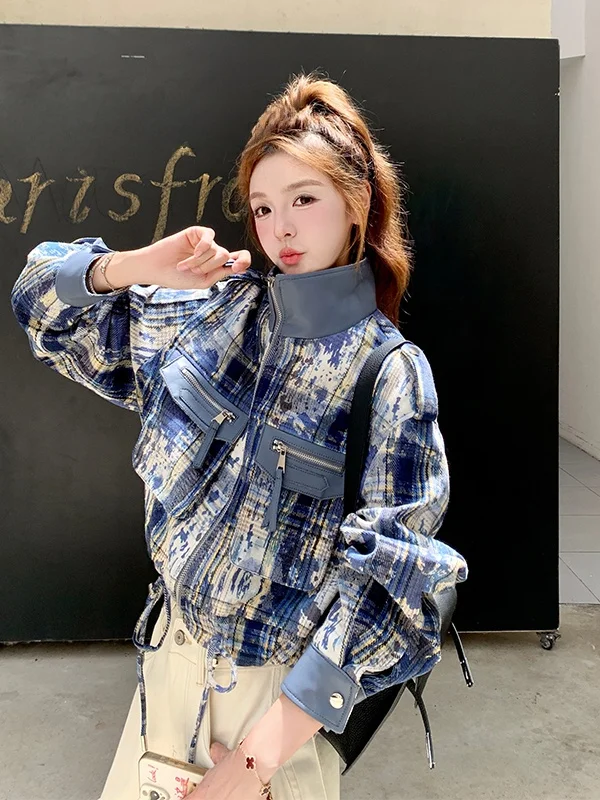 

Blue Printed ort Jaet Women's Casual Sle Loose Fit Spring Autumn New Arrival Breathable Zipper Closure No Inner