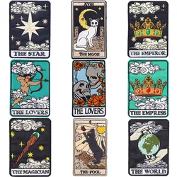 Tarot Card Embroidered Applique Sun Moon Star Divination Sign Iron-on Patch Cat Fool Skull Lovers Thermo Adhesive Cloth Stickers
